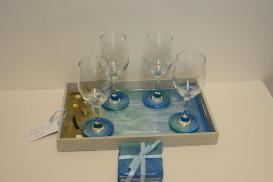Coastal Water Tray w/ 4 Glasses + Caosters