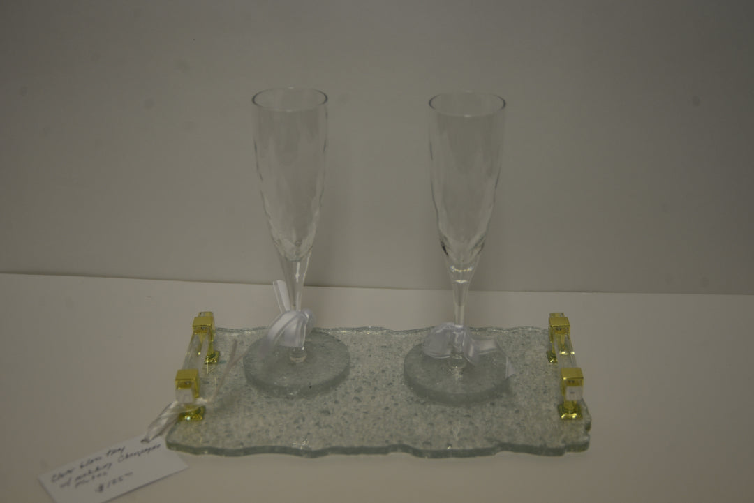 Clear Glass Tray w Golden Handles, 2 Flutes Glasses
