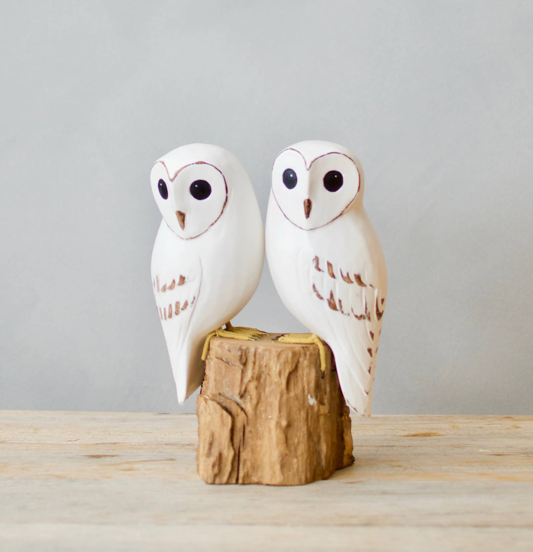 Owl - Barn- Baby Pair - Carved Wooden Ornament