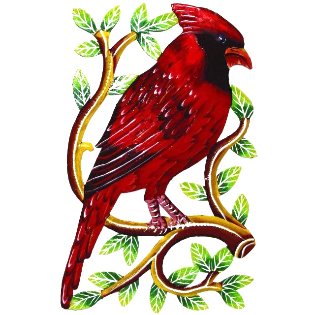 Cardinal Bird on Branch Painted Metal Wall Art