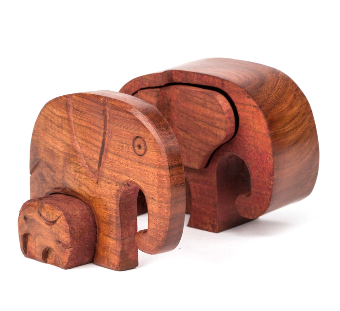 Wood-Carved Mom & Baby Elephant Puzzle Box