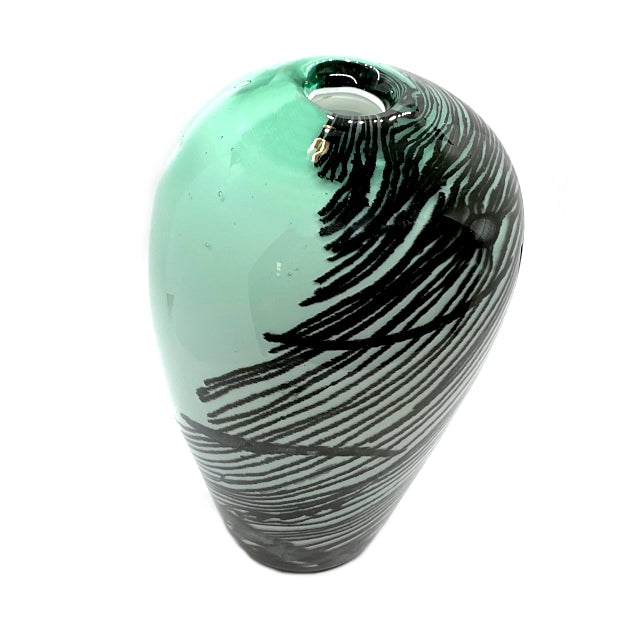 Green / Blue Glass Vase With Black Print