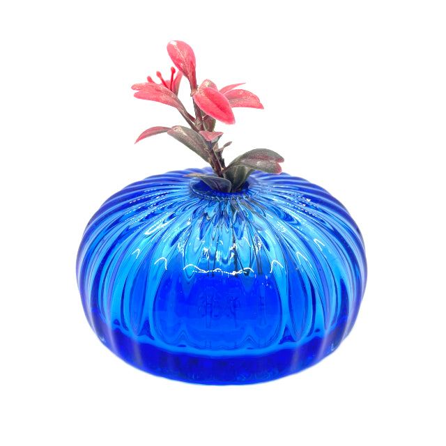 Blue Glass Squat Ripple Bud Vase