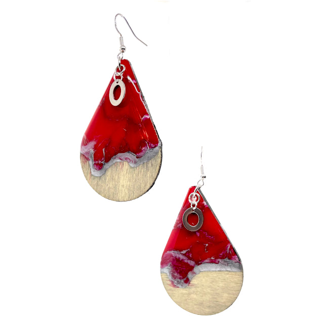 Scarlet and Grey Teardrop Wood Earrings
