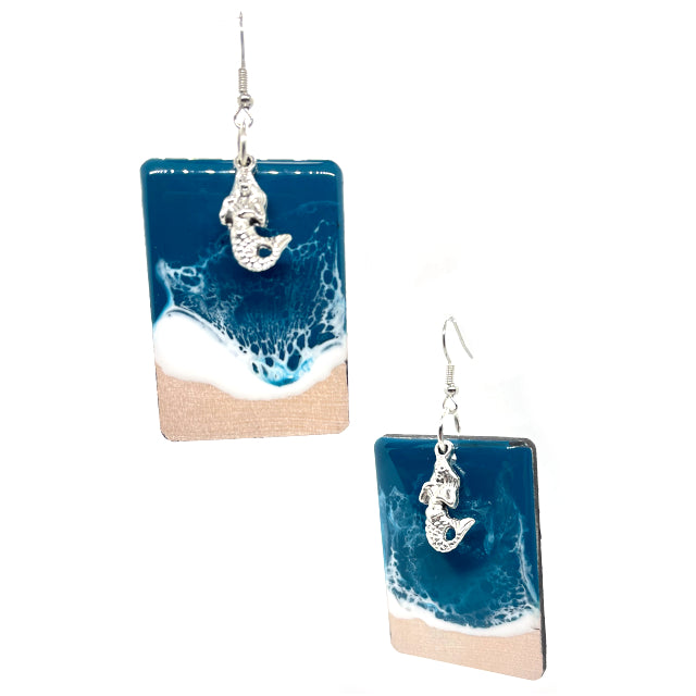 Ocean Wave Rectangular Wood Earrings