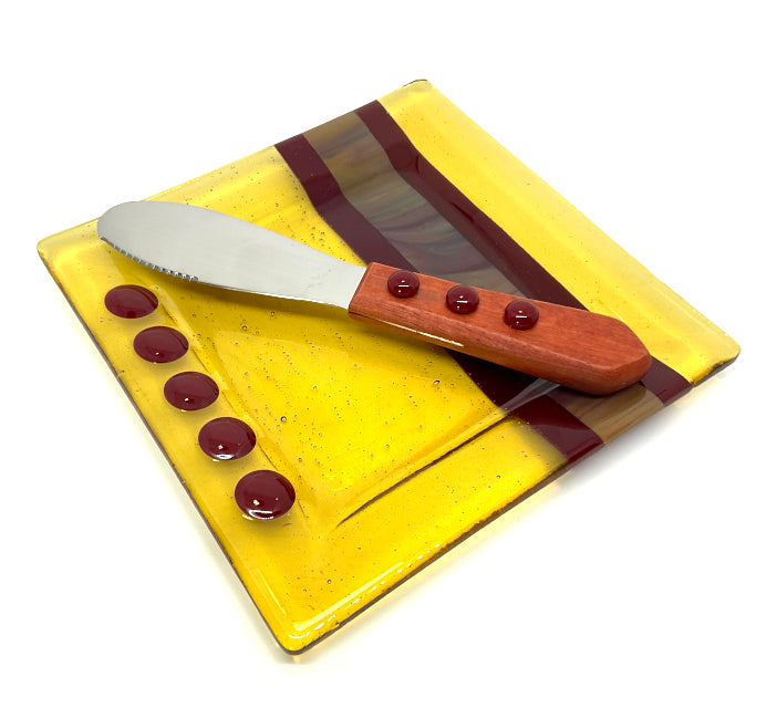 Fused Glass Cheese Plate with Knife - Chardonnay