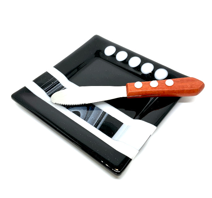 Fused Glass Cheese Plate with Knife - Black and White