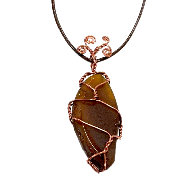 Brown Sea Glass Swirly Tree Necklace