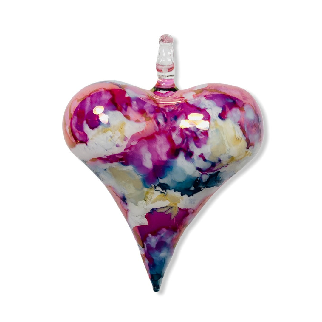 Blown Glass Heart Ornament - Multi / Fuchsia