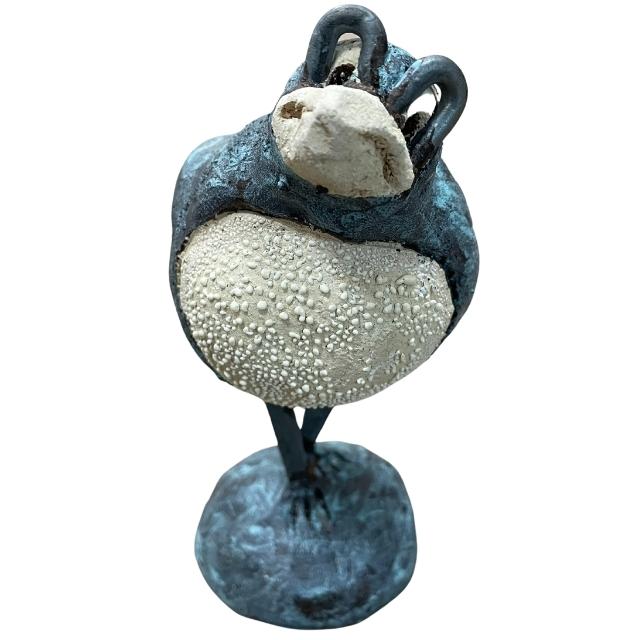 Ceramic Cuckoo Bird Mixed Media Sculpture - Big Eyes