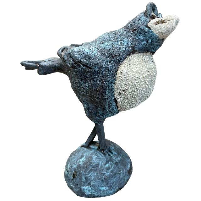 Ceramic Cuckoo Bird Mixed Media Sculpture - Big Eyes