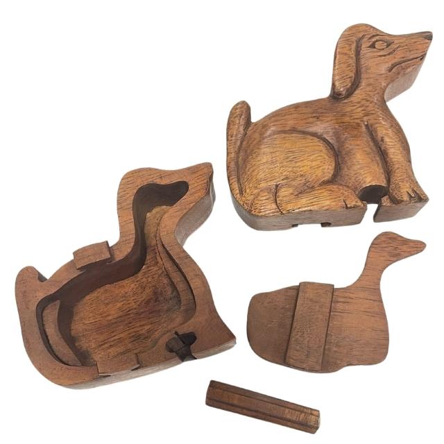 Wood-Carved Dog Secret Puzzle Box
