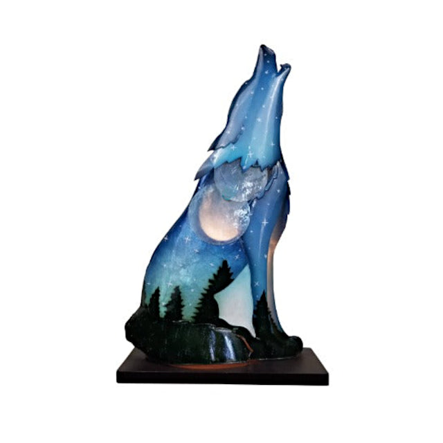 Night wolf lamp is composed primarily of capiz shells and features a 7-watt night light