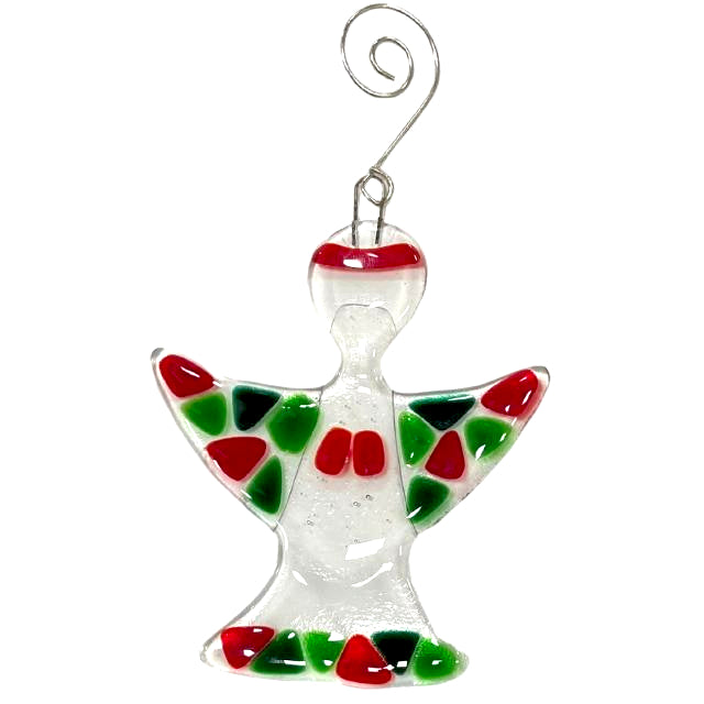 Fused Glass Angel Ornament - Green and Red